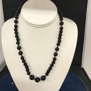 Black Glass Bead Necklace w/ Antiqued Beads